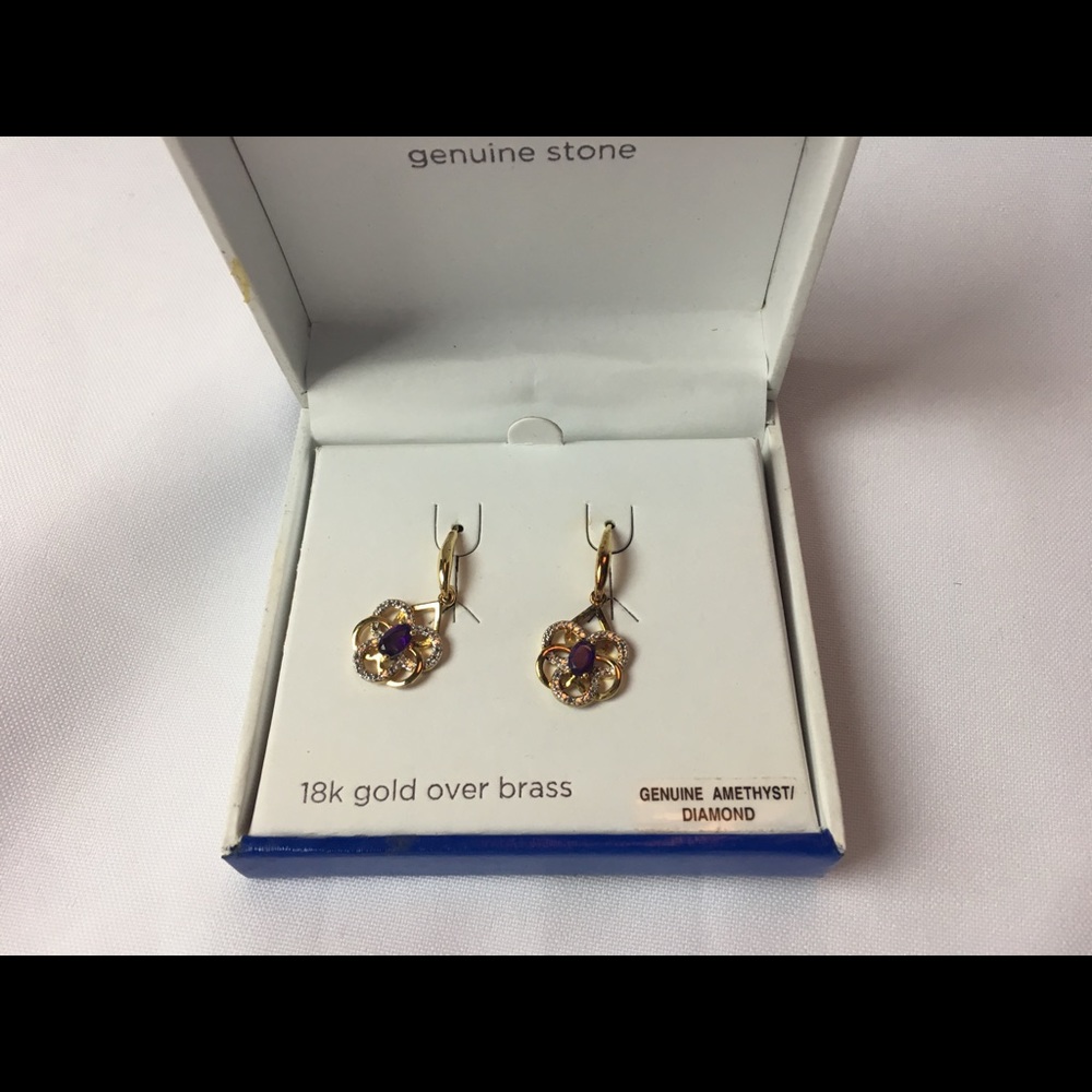 Genuine Amethyst Drop Earrings 18kt Gold OverBrass